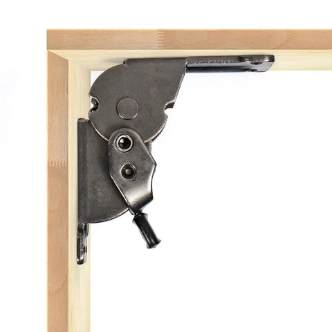 Kickass Pair Of Steel Folding Brackets With Dead Nuts Self Locking Design For Tables Workbenches And Sleeping Platforms, close-up of locking mechanism.