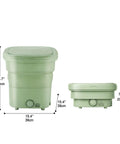 Totally Clutch Portable Foldable Washing Machine For Dorm Rooms And Tiny Spaces Super Handy Mini Laundry Spinner For Socks Underwear And Baby Clothes In Green viewed from the side showing sizes.