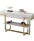 Rugged Industrial Console Table With Easy Slide Drawer And Two Tier Open Storage Shelf Designed For Cramped Hallways Apartments Or Entryways Narrow Sofa Side Table with gold frame.
