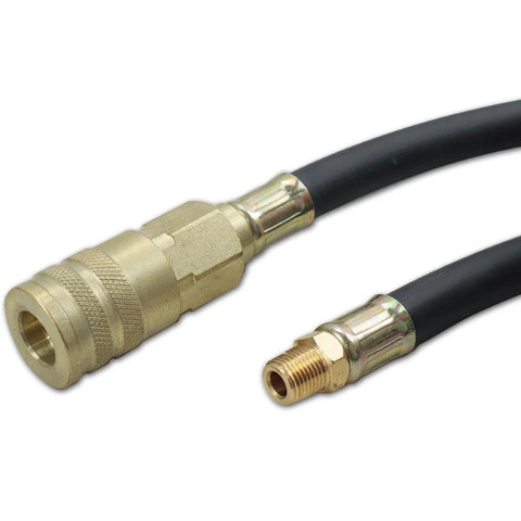 Two brass oil pressure test adapters for engine and transmission with black hose, close-up view