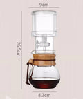 Top Shelf Cold Brew Drip Tower and Ice Drip Coffee Machine With Slow Drip Tech and Adjustable Water Flow Control and 400ML Glass Carafe, clear design with measurements.
