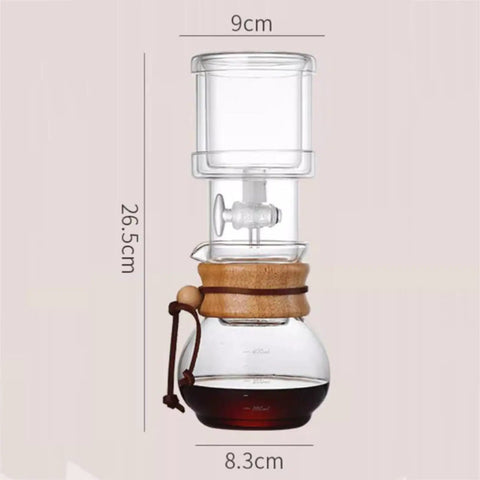 Top Shelf Cold Brew Drip Tower and Ice Drip Coffee Machine With Slow Drip Tech and Adjustable Water Flow Control and 400ML Glass Carafe, clear design with measurements.