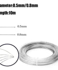 Coiled stainless steel spring wire, 0.5–0.8 mm diameter, 10 m length; bright hard wire