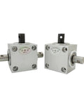 Two gray BISS horizontal right-angle gearboxes with 15mm shafts, 1:1 ratio, 90-degree output for DIY mechanical projects