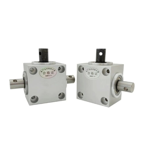 Two gray BISS horizontal right-angle gearboxes with 15mm shafts, 1:1 ratio, 90-degree output for DIY mechanical projects
