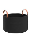 Black Cotton Rope Storage Basket With Real Leather Handles Big 20x13 Inch Blanket And Toy Organizer For The Living Room