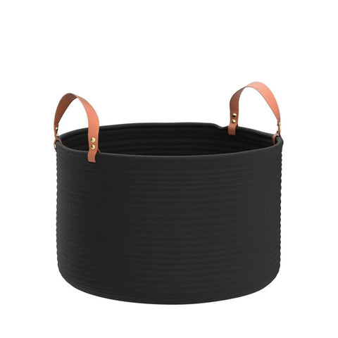 Black Cotton Rope Storage Basket With Real Leather Handles Big 20x13 Inch Blanket And Toy Organizer For The Living Room