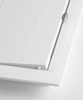 Close-up of 4 X 4 Inch Slick White Abs Plastic Access Panel For Drywall Walls Utility Service Hatch Door with flap detail.