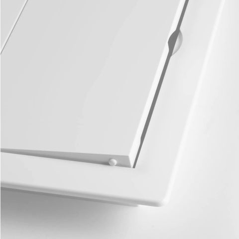 Close-up of 4 X 4 Inch Slick White Abs Plastic Access Panel For Drywall Walls Utility Service Hatch Door with flap detail.
