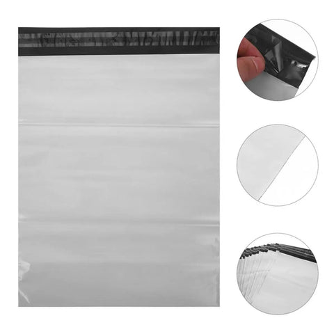 100 Pack White Plastic Mailing Bags With Self Adhesive Seal For Clothes Writable Poly Mailers visual detail of seal and material