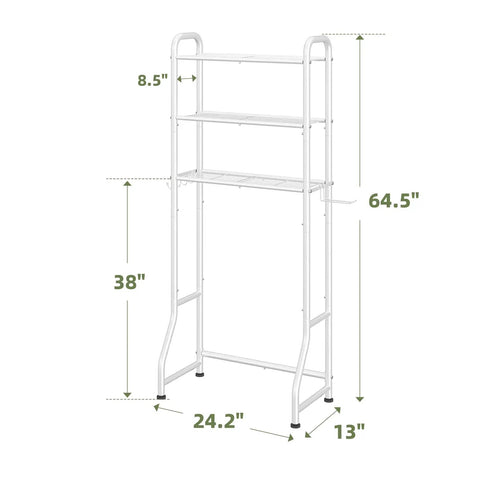 Over The Toilet Storage Rack With 3 Tier Metal Organizer Free Standing Bathroom Shelves Paper Holder And 3 Hooks Space Saving Bathroom Shelf Above Toilet White, measurements visible