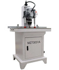 Front view of white 110V pneumatic hinge boring/insertion machine on a stand with vertical drill head