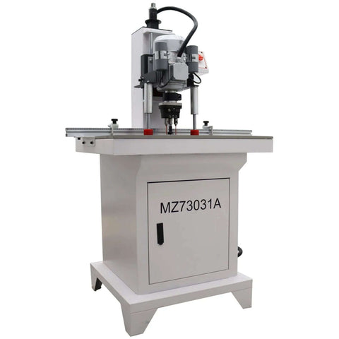 Front view of white 110V pneumatic hinge boring/insertion machine on a stand with vertical drill head