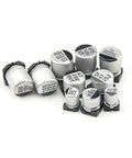 Assorted capacitors from the 200 Piece SMD Aluminum Electrolytic Capacitor Kit With Ten Values From 1U To 470U In Durable Plastic Box.