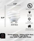 Save Energy With 18W CFL Spiral Light Bulbs Warm White 2700K GU24 Base 1170 Lumens UL Listed 4 Pack Long Lifespan Up To 8000 Hours Durable Eco Friendly Home Lighting Upgrade, shown with specifications and UL listing.