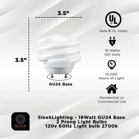 Save Energy With 18W CFL Spiral Light Bulbs Warm White 2700K GU24 Base 1170 Lumens UL Listed 4 Pack Long Lifespan Up To 8000 Hours Durable Eco Friendly Home Lighting Upgrade, shown with specifications and UL listing.