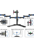 Straight Up Heavy Duty Triple Monitor Stand With 360 Degree Full Motion Arms For 10 To 24 Inch Screens showing tilt, swivel, and rotation features.