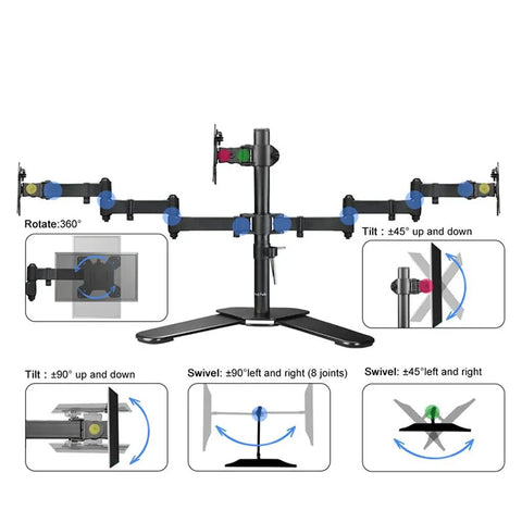 Straight Up Heavy Duty Triple Monitor Stand With 360 Degree Full Motion Arms For 10 To 24 Inch Screens showing tilt, swivel, and rotation features.