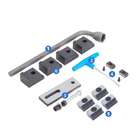 Straight Up Heavy Duty Machine Vise With Six Inch Jaw Width, Fifty Millimeter Clamp Height, And Two Hundred Millimeter Max Opening set of accessories including blocks and tools.