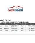 Compatibility chart for Rear Wheel Hub And Bearing Assembly With ABS For Nissan Altima 2002-2006, Maxima 2004-2008, Quest 2004-2009