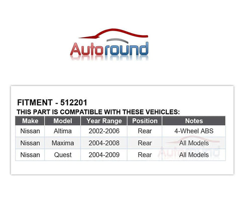 Compatibility chart for Rear Wheel Hub And Bearing Assembly With ABS For Nissan Altima 2002-2006, Maxima 2004-2008, Quest 2004-2009