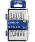 Front view of Dremel 729-01 11-piece carving/engraving kit in a clear case with blue label.