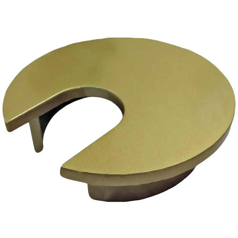 Slick Two Inch Metal Desk Grommet Cable Hole Cover And Wire Cord Stashes Messy Cables Seamlessly With Polished Brass Trim and Quick Push Install Solid Zinc Body, 2 inch round brass grommet for desk organization.