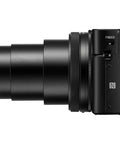 Side view of RX100 VII Premium Compact Camera Bundle With Pro Features On The Go, lens extended, showing buttons and controls.
