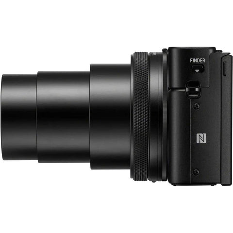 Side view of RX100 VII Premium Compact Camera Bundle With Pro Features On The Go, lens extended, showing buttons and controls.
