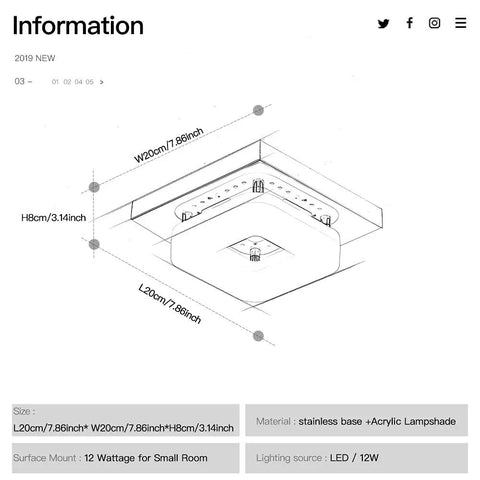 Diagram of Modern Bathroom Ceiling Light Led 12W Soft White Eye Friendly Surface And Flush Mount Square Ceiling Lamp with dimensions