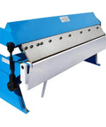 36-Inch Fingers Pan Hand Brake Box Bender for 20 Gauge Steel and 18 Gauge Aluminum with adjustable levers on a blue frame