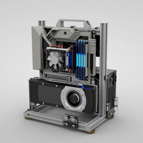 Open Frame Test Bench PC Case with Aluminum Frame Chassis for MicroATX ITX Motherboards, open view with components installed.