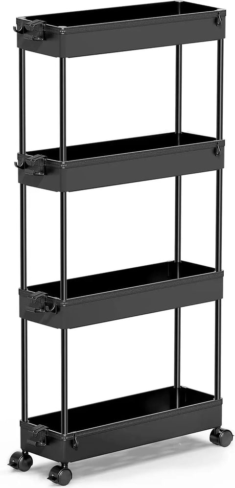 Slim Rolling Storage Cart Four Tier Organizer For Kitchen And Bathroom, Space Saving Mobile Shelving Unit with wheels, black