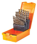 Cobalt HSS Alloy Drill Bits Set With Bronze SST Plus Surface Treatment in orange shock-resistant carry case, open view