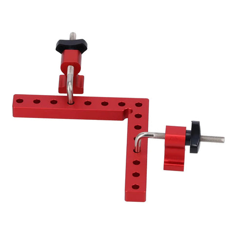Dead Nuts On 90 Degree Woodworking Corner Clamping Jig features red aluminum with dual scales for accurate right angle alignment.
