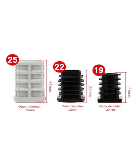 Size comparison of three stem sizes 19, 22, 25 for Four Pack 1.5 Inch Furniture Square Tube Caster Wheels Set With Stainless Steel Silent Brakes.