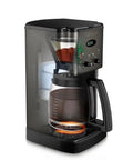 12 Cup Coffee Maker With Glass Carafe, Auto Start 24 Hour Programmable, Drip Free Pour, Black Stainless Finish, side view