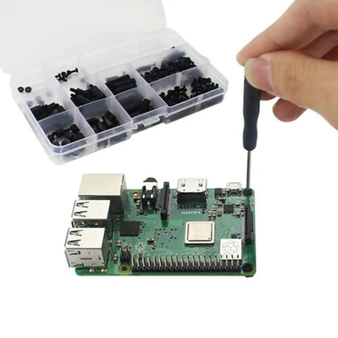 Top Shelf Nylon Screw Kit Hella Durable M3 And M2.5 Hex Bolts Nuts For Raspberry Pi Rig Setup, assembling with precision driver.