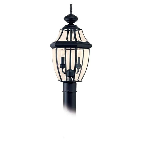 Lancaster Traditional Two Light Outdoor Post Fixture In Antique Brushed Nickel Finish with clear beveled glass shade