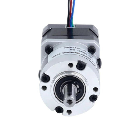 NEMA 17 stepper motor with planetary gearbox for CNC machines and 3D printers, shown in close-up view, highlighting its precision design.