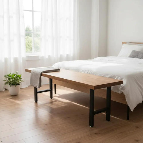 Wooden bench with 16 Inch Metal Table Legs for DIY Coffee End Tables Black Set of 2 Heavy Duty Steel Replacement Legs.