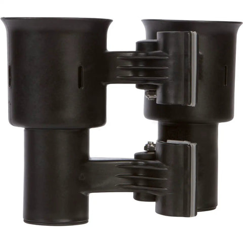 Heavy Duty Black Portable Clamp On Cup Holder And Versatile Dual Drink Caddy side view showcasing secure clamp design and container layout.