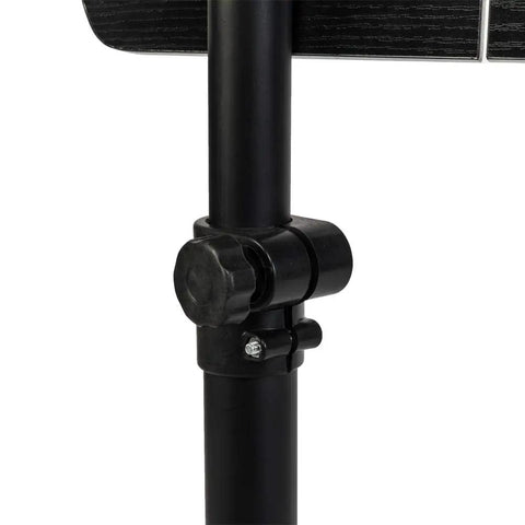 Close-up of height adjustment mechanism on Slick Adjustable Height Computer Desk With Smooth Rolling Casters For No Sweat Home Office Setup Ergonomic Lift Standing Workstation Mobile Laptop Cart Black Finish.