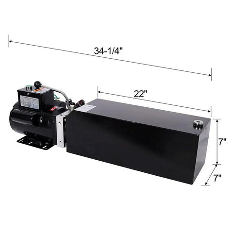 Heavy Duty Single Acting Hydraulic Power Unit 16 Quart Steel Reservoir Pump w Safety Relief Valve Sae #6 Connector side view with dimensions