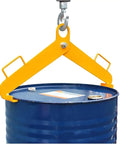 Heavy Duty Vertical Drum Clamp Lifter With Steel Construction For Handling Steel And Plastic Drums Up To 1200 Lbs Capacity Forklift Tractor Safety Tool holding a blue drum.