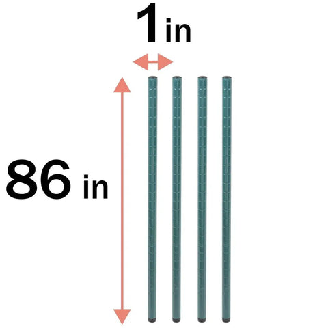 Green Epoxy Wire Shelving Posts 86 Inch High Pack Of 4 Stackable 1 Inch Diameter Heavy Duty NSF Commercial Quality With Adjustable Feet For Uneven Floors Not Casters Compatible Ideal For Moist Environments, shown upright