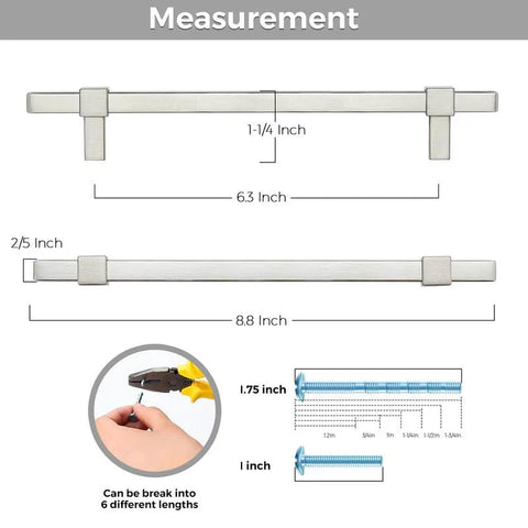 Measurement details of Brushed Nickel Cabinet Handles 25 Pack For Cabinets And Drawers 6-1/4 Inch Center To Center Stainless Steel Cabinet Pulls.