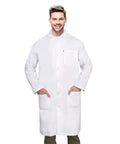 Premium 100 Percent Cotton Unisex Lab Coat For Men And Women With Durable Stainless Steel Snaps, Lightweight Comfort, Pro Grade Fit, Two Waist Pockets And One Chest Pocket, Ideal For Doctors Medical Students Scientists worn by model, facing camera.