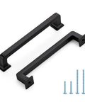 10 Pack 5 Inch Matte Black Cabinet Handles Made From Solid Zinc Alloy For Kitchen Cupboard And Drawer Hardware Center To Center 5 Inch Mounting Pulls, showing two handles and screws