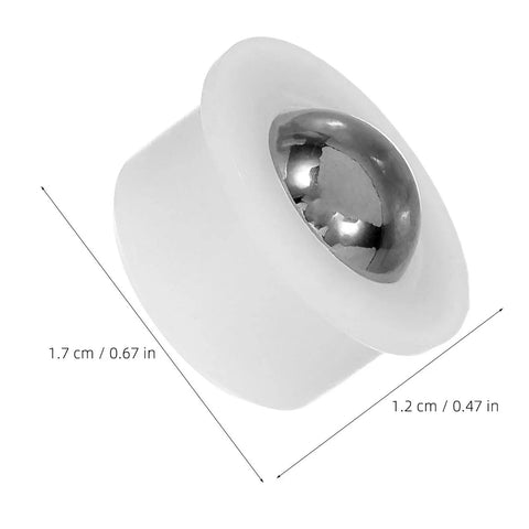 Close-up of 12pcs Steel Ball Transfer Casters with Nylon Housing, 0.7x0.5in, showing steel ball in white nylon housing.
